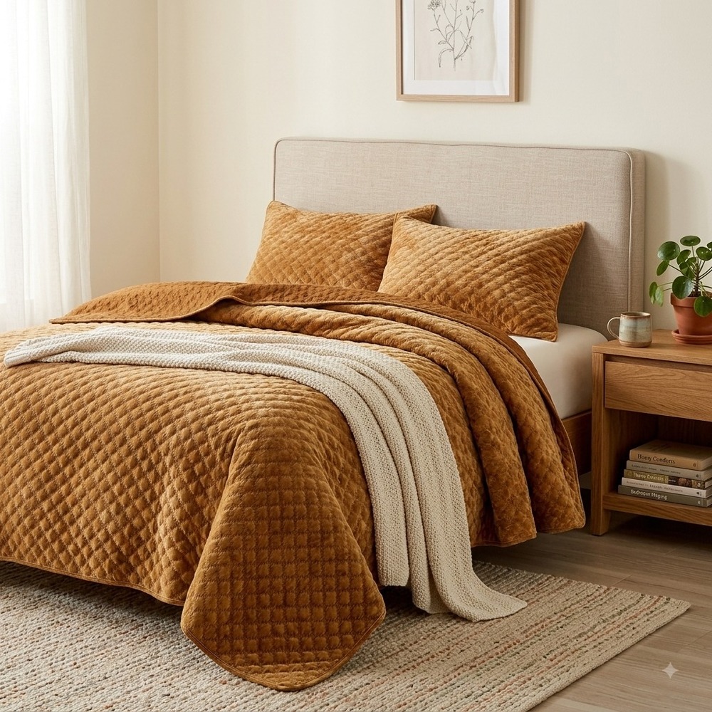 Zera Caramel Gold 100% Velvet 5 piece Comforter Set Queen